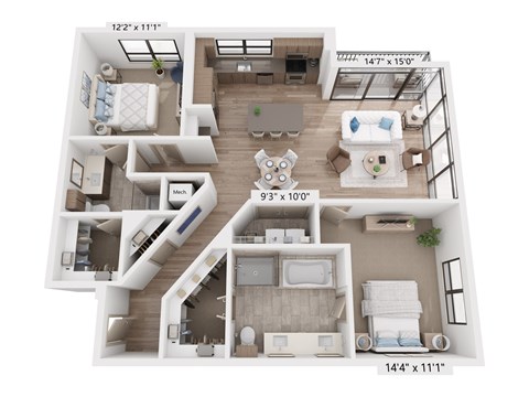 Floor plan for 2 beds, 2 baths, 1353 sqft